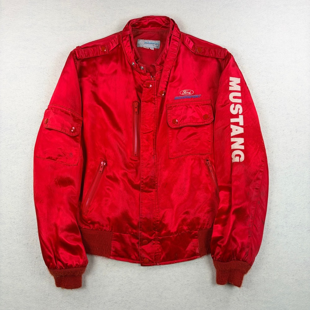 Vintage 70s 80s Ford Motorsport Mustang Satin Racing Jacket Red Bomber Medium
